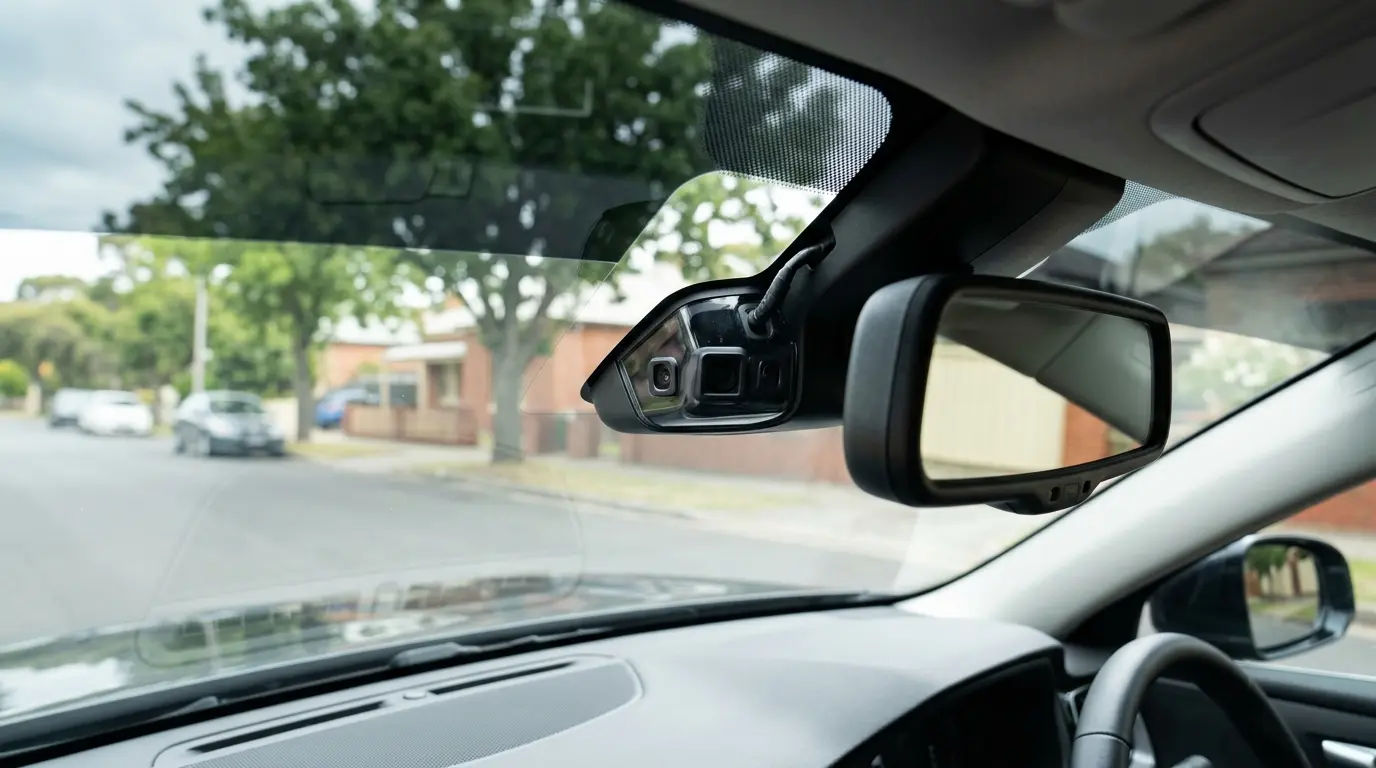 ADAS Camera Behind the Windscreen Forward-facing ADAS camera mounted behind a vehicle windscreen