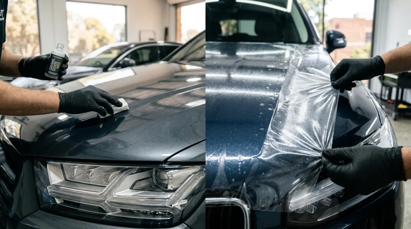 Ceramic Coating vs Paint Protection Film in Adelaide Glossy car paint being treated with ceramic coating in a professional automotive detailing workshop.