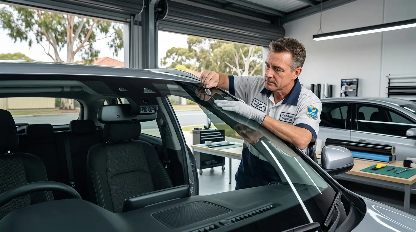 Checking Window Tint Around ADAS Cameras Technician checking a vehicle windscreen around an ADAS camera before window tint installation